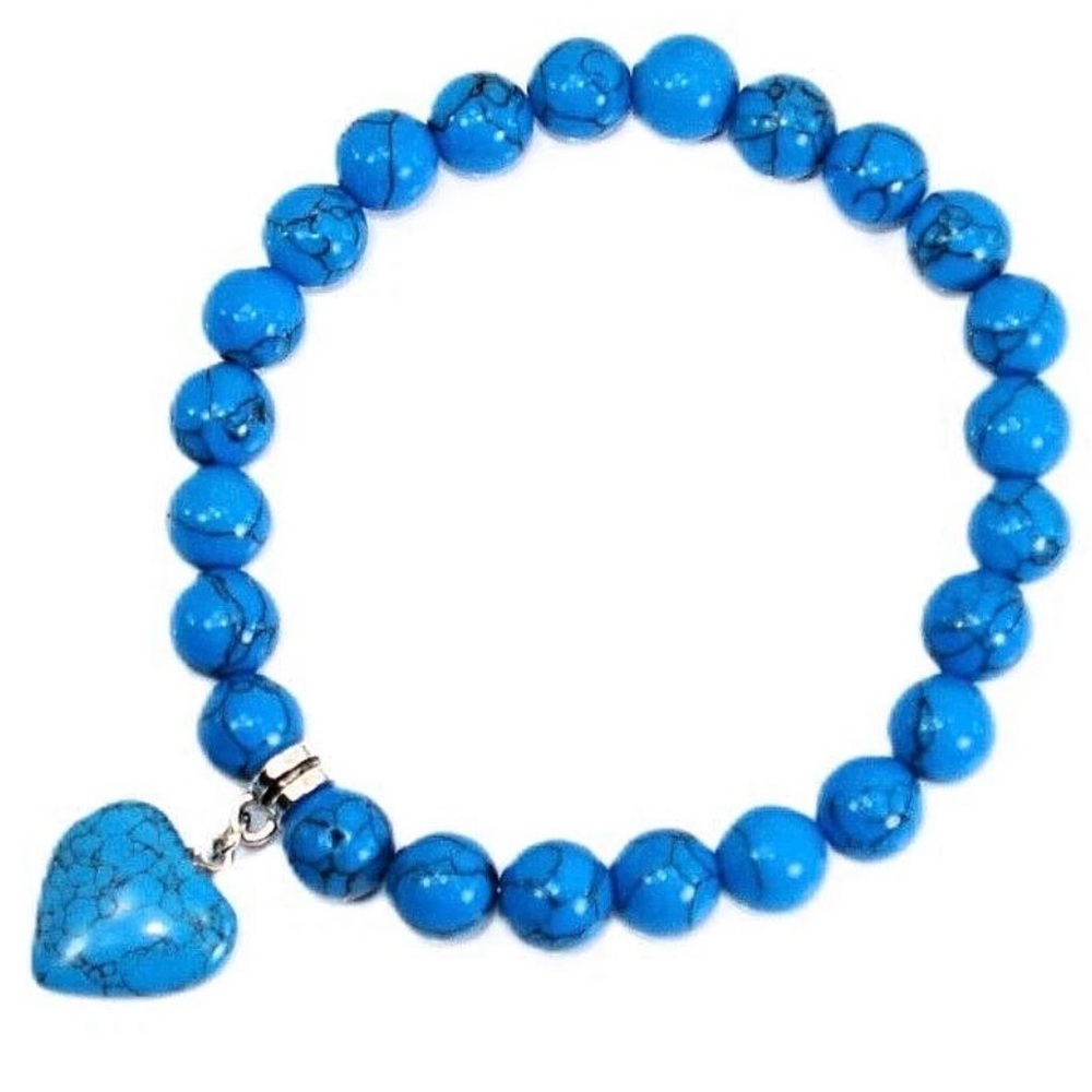 Turquoise stone heart charm stretch bracelet with all round bead stones New